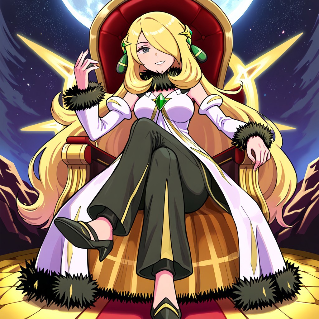 hinosaki, [leveen], (1girl), solo, sitting, on_throne, full-body, starry_sky, moon, night, smile, arccynthia, [[cynthia_\(pokemon\)]], very_long_hair, blonde_hair, hair_over_one_eye, grey_eyes, emerald_hair_ornament, deatached_sleeves, fur-trimmed_sleeves, white_coat, fur-trimmed_coat, black_fur_trim, white_sleeves, yellow_lining, fur_collar, black_pants, shoes, black_footwear, official_alternate_costume, yellow_light_wings, medium_breasts, masterpiece,amazing quality, very aesthetic, high resolution ,ultra-detailed, absurdres, newest