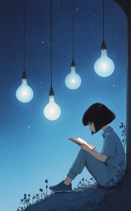 masterpiece, best quality, amazing quality, 1girl, solo, short hair, shirt, black hair, holding, closed mouth, sitting, short sleeves, outdoors, sky, collared shirt, pants, blunt bangs, book, night, glowing, bob cut, blue shirt, star \(sky\), knees up, scenery, holding book, starry sky, blue footwear, blue pants, cable, wide shot, looking at object, light bulb, hanging light, ArsMJStyle, Delicate Whimsy,
Studio Ghibli Dark Fairytale <lora:noobai_ep11_stabilizer_v0.138_fp16:0.3> <lora:NOOB_vp1_detailer_by_volnovik_v1:0.3> <lora:Dark_Ghibli:0.8> <lora:DelicateWhimsyIllustrious:1>