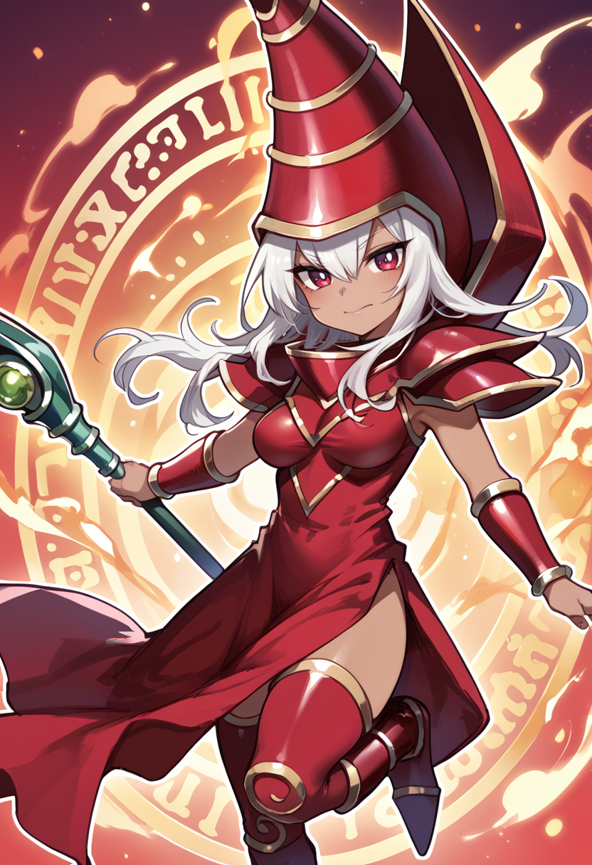 (score_9:0.9),score_8_up,score_7_up,rating_safe,(zPDXL),(zPDXL3),<lora:Dark Magician ponyXL v1.2:0.72>,dark magician,red wizard hat,red eyes,staff,smile,white hair,red wizard clothes,1girl,medium breasts,red thigh boots,red vambraces,genderswap \(mtf\),holding staff,chibi,magic circle,dark-skinned female,
