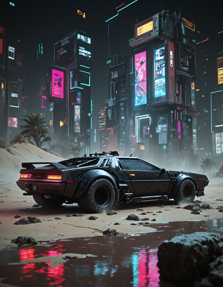<lora:CWMinis01v2flux:1> cw01mini, cyberpunk, cyberpunk cars, cars with spikes, car chase, garbage, glow, house, illuminated, low apartment, night, wet, reflections, car neons, desert highway, sand, mad max fury road, sand dunes merged with buildings,