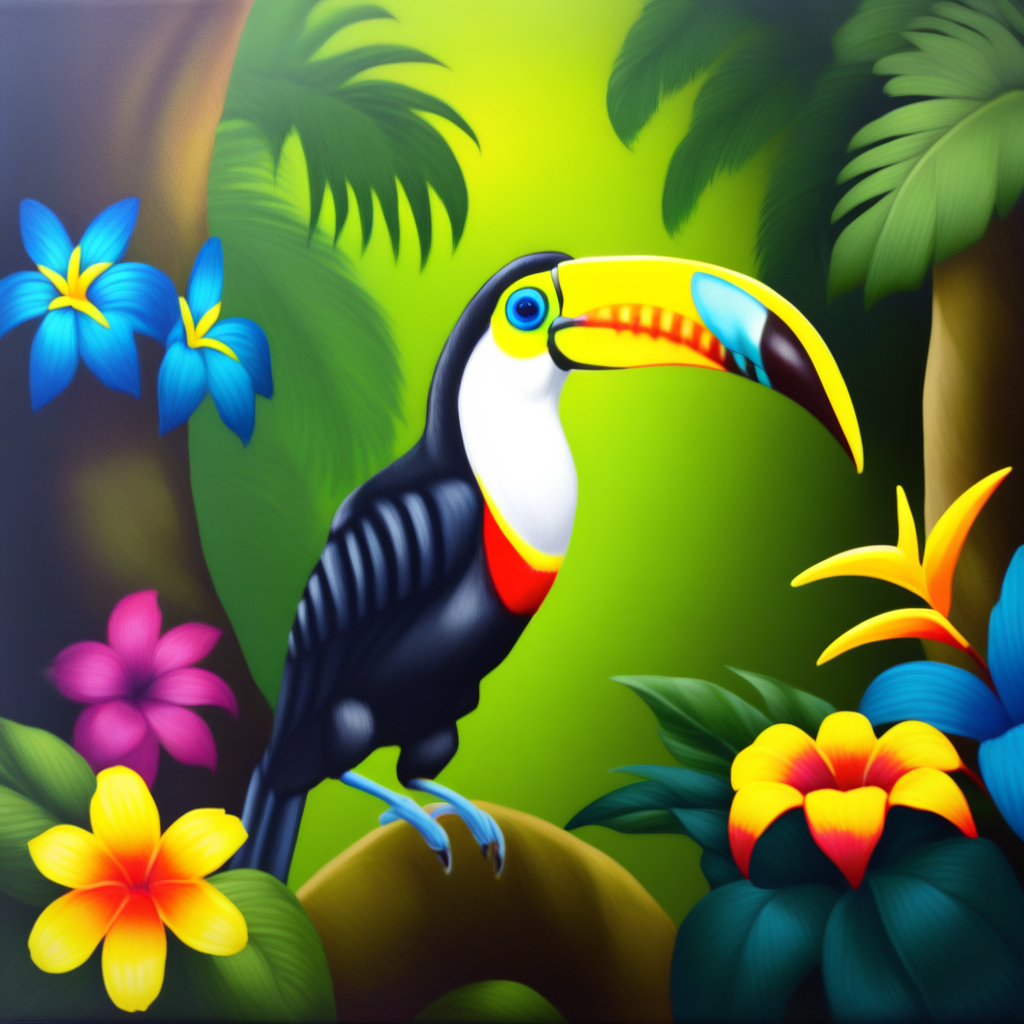 Majestic toucan, jungle, colorful flowers