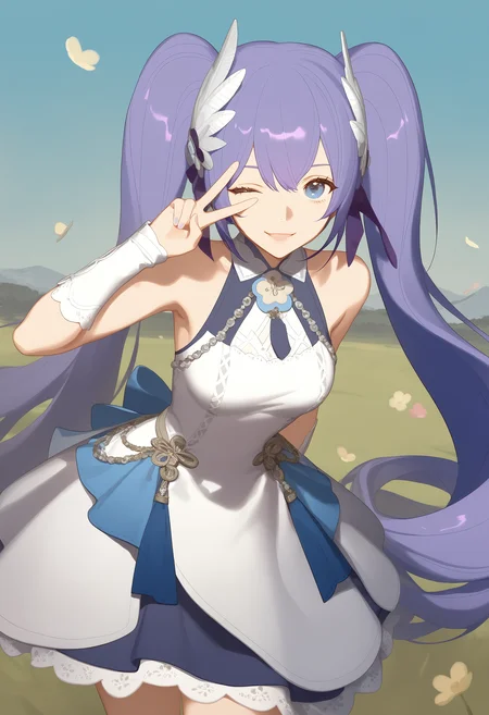 (1girl),(solo),xiangwan\(asoul\),blue eyes,twintails,very long hair,xiangwannormal,
sleeveless,bare shoulders,hair ornament,wrist cuffs,white dress,
artist:rei \(sanbonzakura\),artist:ask \(askzy\),artist:ningen mame,artist:doremi (doremi4704),
mature female,tall female,medium breasts,
vibrant expression,winking,peace sign,outdoors,surrounded by flowers,sunlight,clear sky,fresh and energetic,v over eye,look at viewer,
playful pose,cowboy_shot,bright and cheerful,vibrant flowers in the background,sunlit environment,natural energy,closed eye on one side,another hand reaching out,warm sunlight casting shadows,fresh green grass,floral details,joyful and lively mood,soft breeze,cinematic lighting,dynamic composition,
masterpiece,best quality,very aesthetic,absurdres,newest,masterpiece,best quality,year 2024,newest,highres,absurdres,,