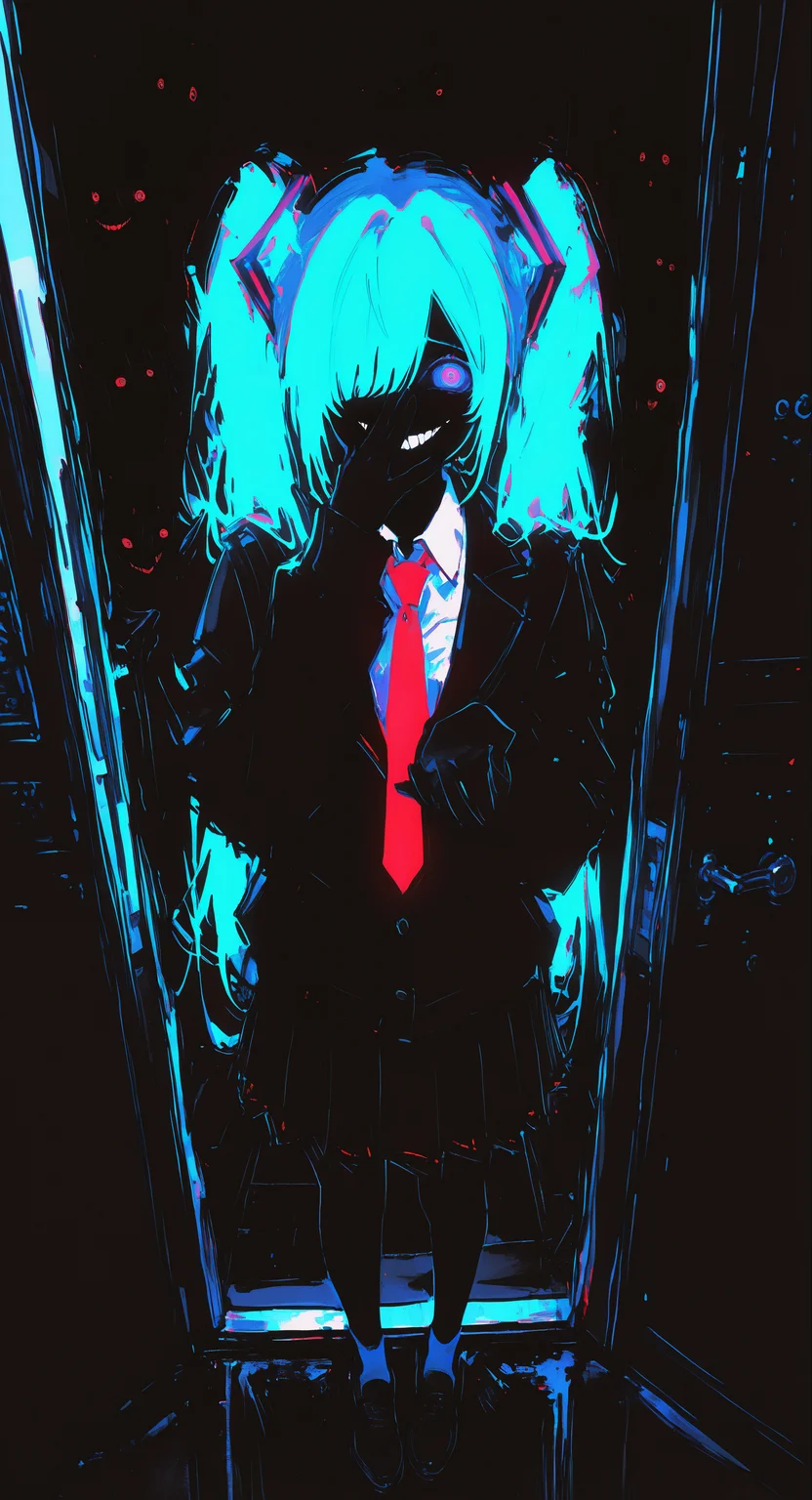 masterpiece, best quality, good quality, newest, highres, absurdres,15546+456868,
hatsune miku, 1girl, solo, long hair, looking at viewer, smile, blue eyes, shirt, skirt, long sleeves, twintails, standing, blue hair, jacket, school uniform, white shirt, full body, pleated skirt, necktie, shoes, collared shirt, socks, black skirt, hair over one eye, black jacket, hands up, aqua hair, blazer, red necktie, foreshortening, one eye covered, door, covering own mouth, hand to own mouth, evil smile, yandere, crazy eyes, horror \(theme\), open door, doorway, hand over own mouth, crazy smile, opening door, pov doorway, limited palette, glowing, psychedelic, black theme <lora:illustriousXL_stabilizer_v1.23:0.3> <lora:NOOB_vp1_detailer_by_volnovik_v1:0.3> <lora:ponyv6_noobE11_2_adamW-000017:0.7> <lora:USNR_STYLE_XL_lokr:0.45> <lora:114558v4df2fsdf5:1> <lora:shiej007:0.4> <lora:XXX667:0.95>