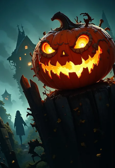 aidmaimageupgrader,Jeddblexpsre,double exposure, A large, eerie jack-o'-lantern with a sinister, glowing grin. Its jagged eyes and mouth emit an eerie orange light that softly flickers in the dark. The pumpkin is weathered and cracked, sitting on a crooked wooden fence or atop a misty graveyard setting.The silhouette of a dark, cloaked witch, her figure emerging from the shadows. blending with the background.