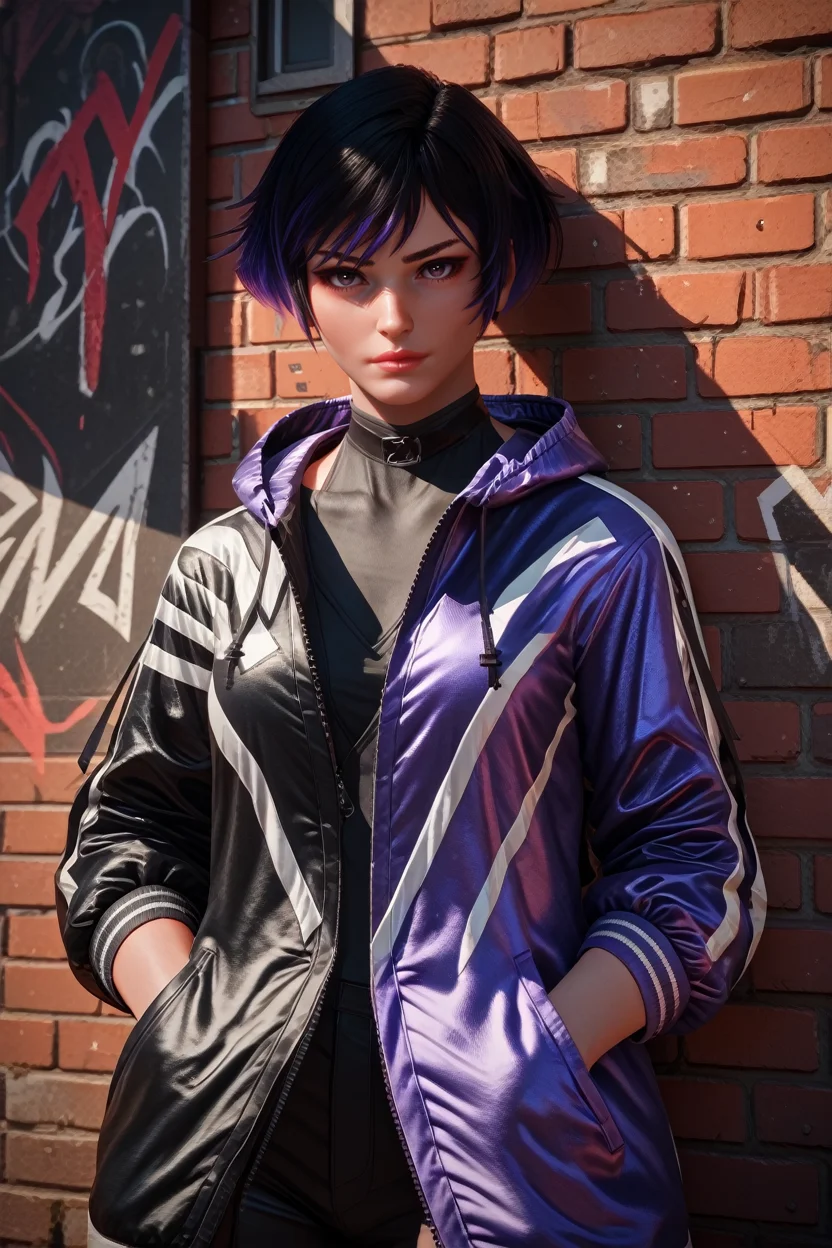 score_9, score_8_up, score_7_up,
<lora:TKReina:1.0>
TKReina, 1girl, black hair, purple hair, multicolored hair, short hair, looking at viewer, leaning against a brick wall, hands in jacket pockets, urban alleyway with graffiti art, moody lighting with shadows, edgy and modern vibe