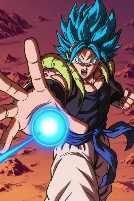 masterpiece, best quality, solo, foreshortening, charging energy, solo, looking at viewer, open mouth, blue eyes, 1boy, blue hair, male focus, pants, sash, spiked hair, wristband, white pants, dougi, super saiyan, energy ball, blue sash, blue energy <lora:DBSBroly_Style_IXL_v2:1.0>,