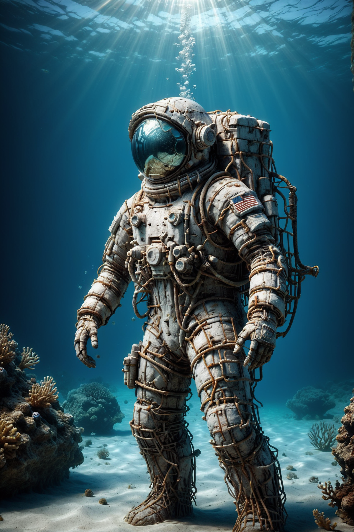 astronaut made of mad-rnfcnct, under water, caustics, light beam  <lora:Derilict_Concret_SDXL:1.0>, (masterpiece:1.2), best quality, (hyperdetailed, highest detailed:1.2), high resolution textures