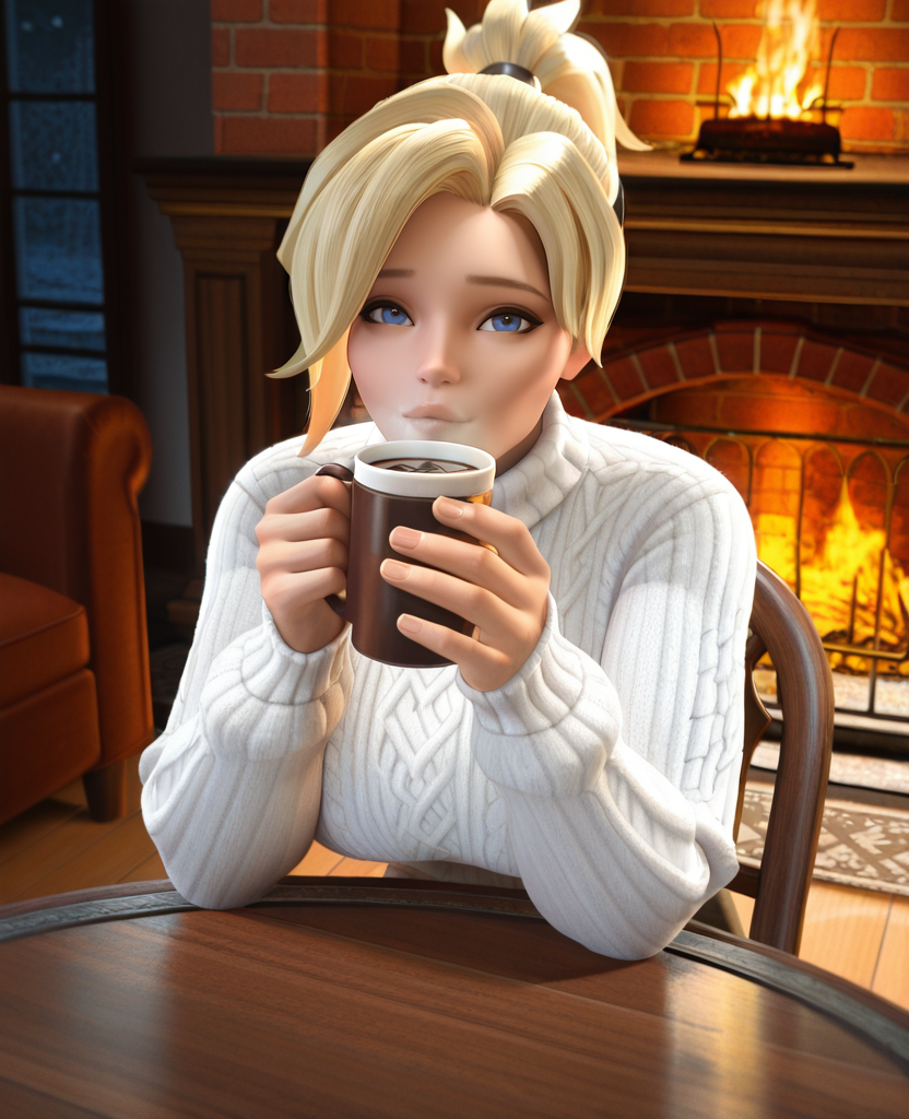 masterpiece, best quality, amazing quality, highres, absurdres, intricate detail, 3d, realistic, very aesthetic, scenery, cinematic, <lora:Overwatch_Cinematic_ILLUS_4_LAST-000008:0.8> ,1girl, mercy, white sweater, short hair, joggers, ponytail, drinking coffee, sitting on chair, fireplace, looking at viewer,