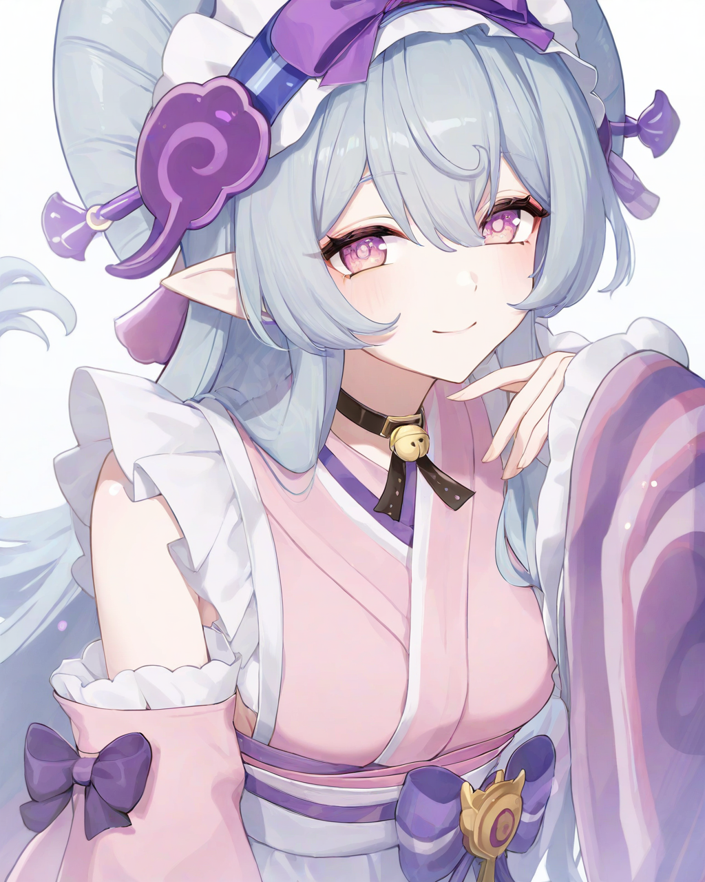 masterpiece,very aesthetic,<lora:yumemizuki_mizuki_ill_sdxl:1>,yumemizuki mizuki,1girl,solo,simple background,white background,hand up,looking at viewer,smile,closed mouth,white hairband,frilled hairband,medium breasts,short kimono,waist apron,white apron,pink kimono,frilled sleeves,black choker,wide sleeves,long sleeves,sleeves past wrists,detached sleeves,highres,absurdres,nihongami,neck bell,watermark,purple sash,obi,