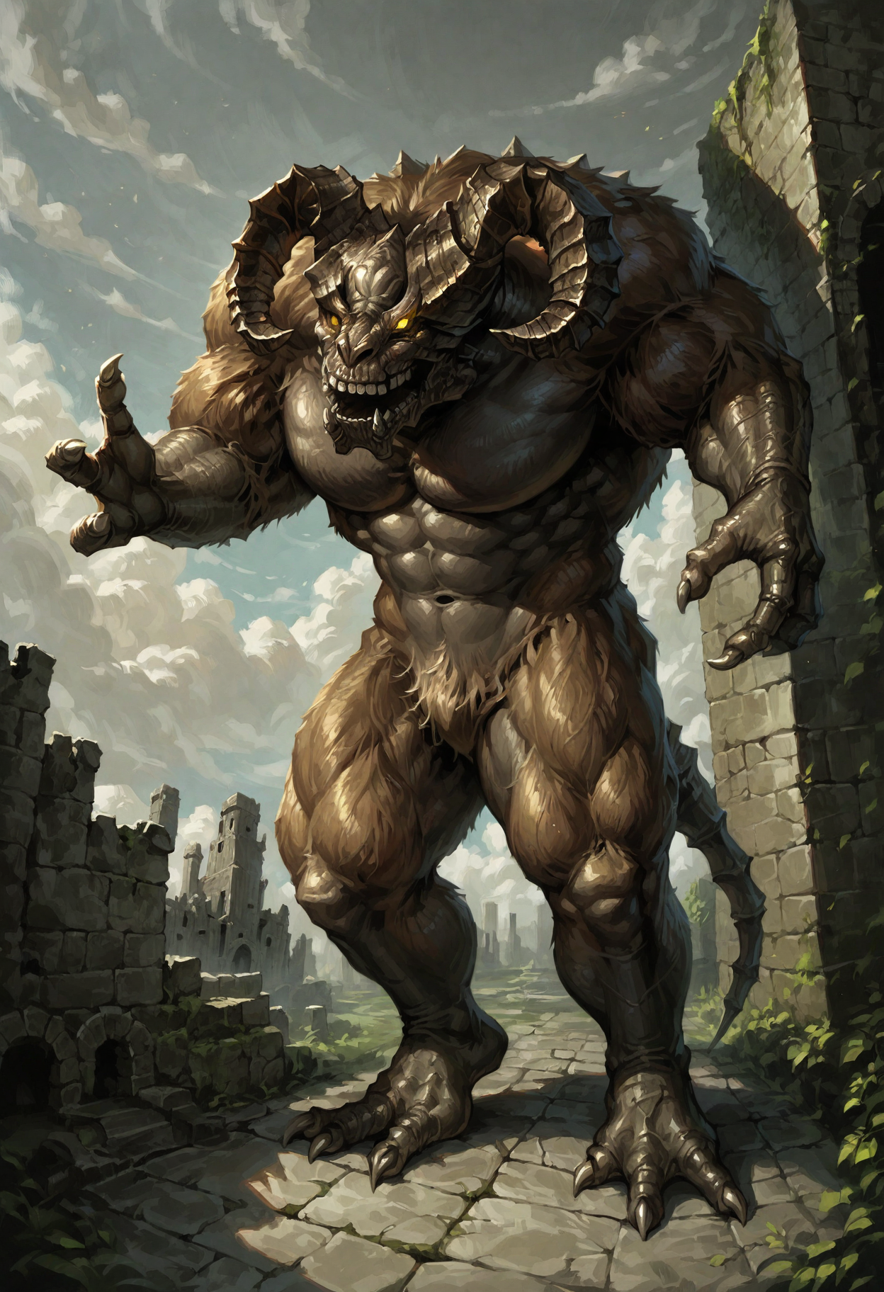 zPDXL3, score_9_up, score_8_up, score_7_up, (detailed face, detailed body, detailed background, perfect hands, perfect anatomy, masterpiece, high quality, best quality), dramatic lighting, rating_safe, dark fantasy, dark souls, digital painting, castle, ruins, clouds, black sky BREAK full-length portrait, hunched over, 3 fingers, taurusdemon, brown fur, monster, demon, horns, yellow eyes, glowing eyes, claws, teeth, muscular, big pecs, broad shoulders, thick thighs, threatening, open mouth, attack, dynamic pose, spreading arms  <lora:detailed_notrigger:1> <lora:TaurusDemon_DarkSouls_V2:0.8>  <lora:1dkXLP:0.6>