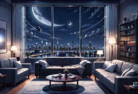 ((front view)), Shallow scene, (((animation style))), (night), modern-style interior, with white walls, (large windows), a  study, Sofa, coffee table, bookcase, single wall, ((dark room)), quiet and mysterious night sky, starry sky, moonlight, city night view, (City high-rise building scenery), (City scenery outside the window)
