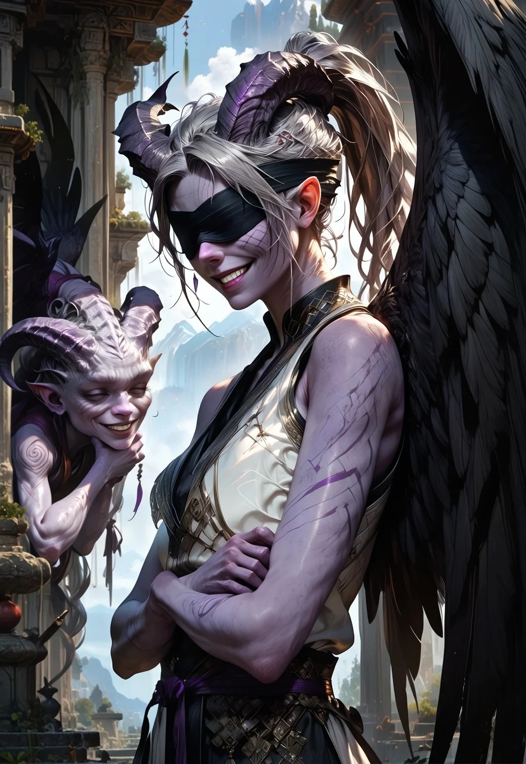 (absurdres, best quality, masterpiece:1.4),
score_9, score_8_up, score_7_up, score_6_up,
detailed,
detailed body,
detailed face,
(((smooth skin, unbroken skin, detailed skin))),
fantasy,
alone,
female,
tiefling,
h0rns,
ram horns,
black horns,
tall,
((((purple skin)))),
((long grey hair, ponytail)),
(((wingsd, black wings))),
crossed arms, arms across stomach,
soft smile,
(white robe, sleeveless,
blindfold, black cloth blindfold),
depth of field,
outdoors,
mountain temple,
upper body