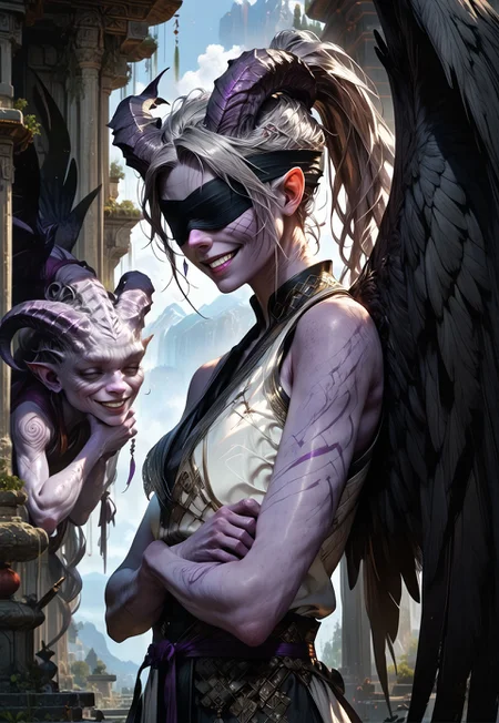(absurdres, best quality, masterpiece:1.4), 
score_9, score_8_up, score_7_up, score_6_up, 
detailed, 
detailed body, 
detailed face, 
(((smooth skin, unbroken skin, detailed skin))), 
fantasy, 
alone, 

female, 
tiefling, 
h0rns, 
ram horns, 
black horns, 
tall, 
((((purple skin)))), 
((long grey hair, ponytail)), 
(((wingsd, black wings))),

crossed arms, arms across stomach, 
soft smile,

(white robe, sleeveless, 
blindfold, black cloth blindfold), 

depth of field, 
outdoors, 
mountain temple, 
upper body