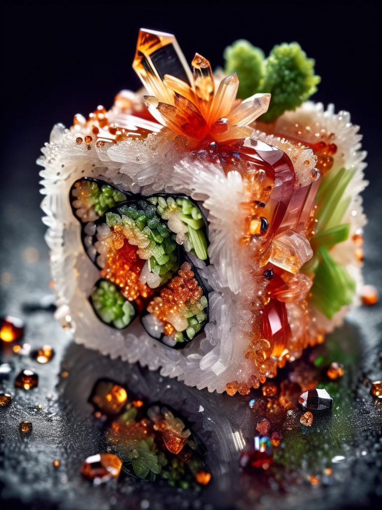 food photography photo of a crystal maki sushi with wasabi, perfect roles, maximum detail, foreground focus, crystalz  <lora:crystalz:1>