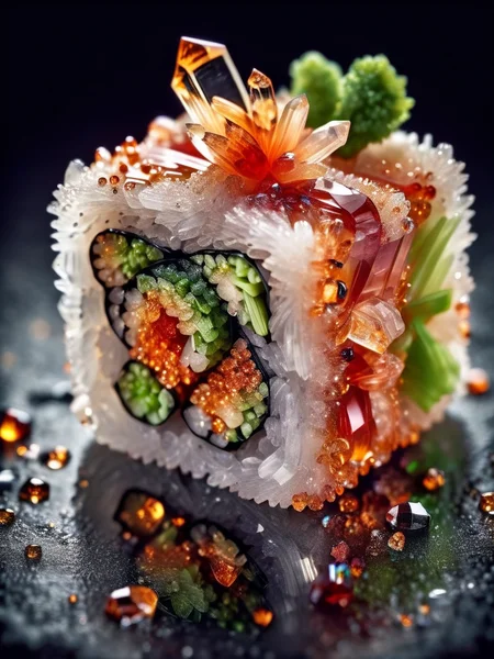 food photography photo of a crystal maki sushi with wasabi, perfect roles, maximum detail, foreground focus, crystalz  <lora:crystalz:1>