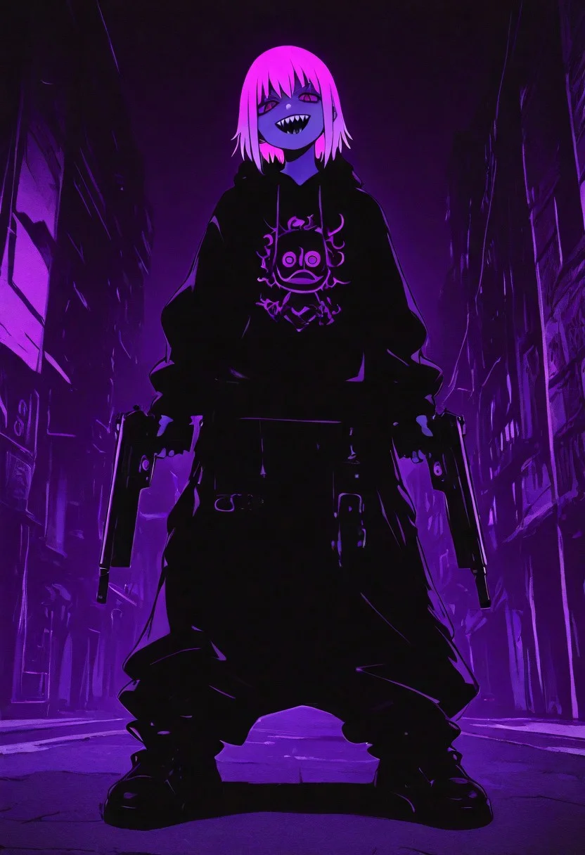 in the style of gorillaz mix soul eater anime, full design, full body standing character, a badass kid with a sharp teeth, hold a gun, hiphop urban style, baggy black hoodie, baggy pants, y2k style, high contrast vibrant colour,
, xxx667_illu, melanch0ly, <lora:illustriousXL_stabilizer_v1.23:0.3> <lora:NOOB_vp1_detailer_by_volnovik_v1:0.3> <lora:ponyv6_noobE11_2_adamW-000017:0.3> <lora:XXX667:0.7> <lora:MelancholyAnime:0.8>