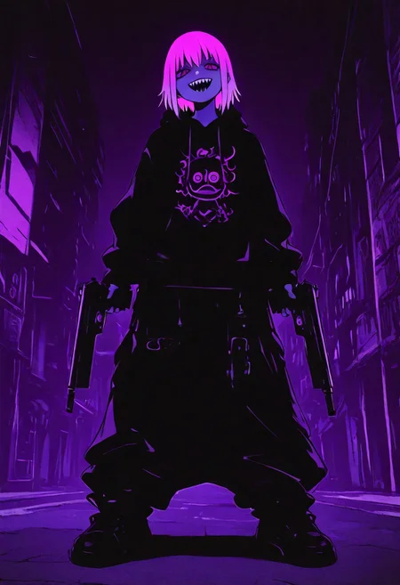 in the style of gorillaz mix soul eater anime, full design, full body standing character, a badass kid with a sharp teeth, hold a gun, hiphop urban style, baggy black hoodie, baggy pants, y2k style, high contrast vibrant colour, 
, xxx667_illu, melanch0ly, <lora:illustriousXL_stabilizer_v1.23:0.3> <lora:NOOB_vp1_detailer_by_volnovik_v1:0.3> <lora:ponyv6_noobE11_2_adamW-000017:0.3> <lora:XXX667:0.7> <lora:MelancholyAnime:0.8>