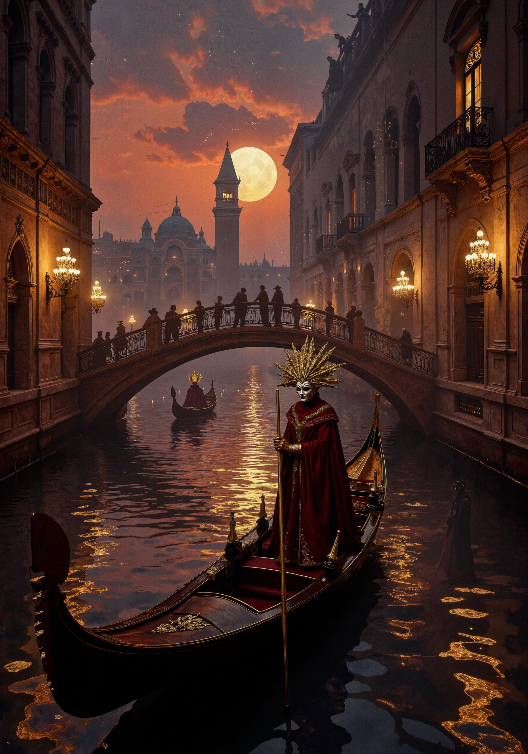 Venetian carnival masquerade illuminated by sunset glow, opulent gondolas adorned with lanterns floating on iridescent lagoon waters reflecting crimson-to-indigo sky. Ornate baroque architecture silhouetted against amber backlighting, with atmospheric mist diffusing light particles through elaborate mask-wearing figures posed dramatically on stone bridges. Golden leaf embellishments catching last light rays, creating metallic highlights amid deep blue shadows. Painterly rendering with visible brushstrokes resembling Canaletto's precision merged with Turner's atmospheric luminosity. Delicate interplay of light refraction through carnival glass and crystal chandeliers suspended above water. 8K ultra-realistic texturing of velvet costumes against weathered marble, volumetric lighting emphasizing mysterious theatrical ambiance with cinematic color grading emphasizing sepia-to-violet transitional palette. <lora:Chris_Luka:0.6> <lora:DND_GRAINYBOYZ_FG_FLUX_V2_ROMULUS_Lora:0.7> <lora:flux_dev:1>