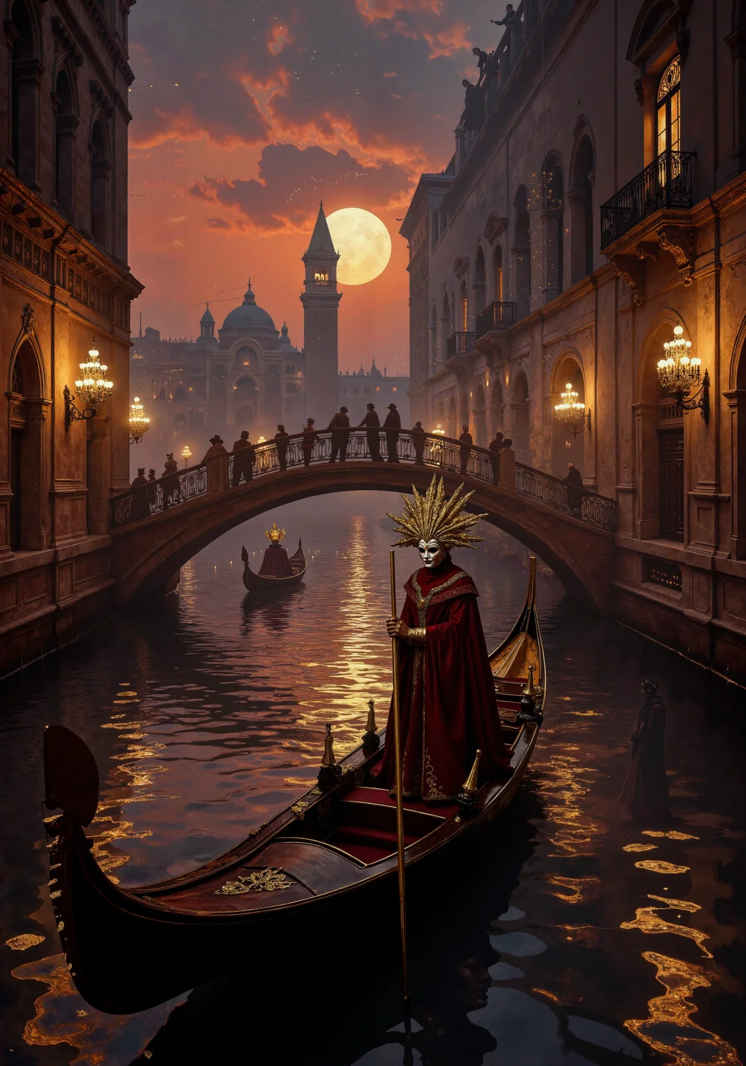 Venetian carnival masquerade illuminated by sunset glow, opulent gondolas adorned with lanterns floating on iridescent lagoon waters reflecting crimson-to-indigo sky. Ornate baroque architecture silhouetted against amber backlighting, with atmospheric mist diffusing light particles through elaborate mask-wearing figures posed dramatically on stone bridges. Golden leaf embellishments catching last light rays, creating metallic highlights amid deep blue shadows. Painterly rendering with visible brushstrokes resembling Canaletto's precision merged with Turner's atmospheric luminosity. Delicate interplay of light refraction through carnival glass and crystal chandeliers suspended above water. 8K ultra-realistic texturing of velvet costumes against weathered marble, volumetric lighting emphasizing mysterious theatrical ambiance with cinematic color grading emphasizing sepia-to-violet transitional palette. <lora:Chris_Luka:0.6> <lora:DND_GRAINYBOYZ_FG_FLUX_V2_ROMULUS_Lora:0.7> <lora:flux_dev:1>