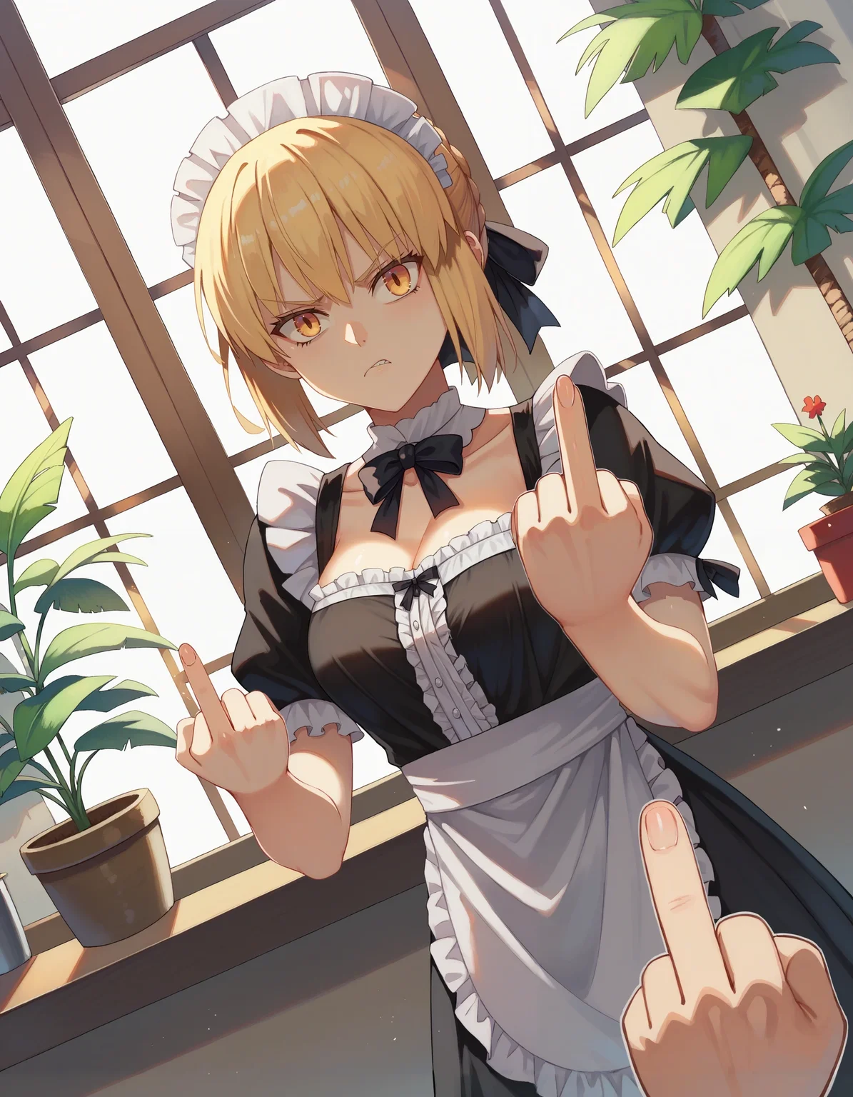 score_9, score_8_up, score_7_up,
povhldg middle finger,
1girl, clothed, saber alter, indoors, potted plant, window, sunlight, by kasumi \(skchkko\), looking at viewer, serious, dutch angle, maid uniform, braid, double middle finger, disgust,
<lora:concept_povholding-pony-v2:1>