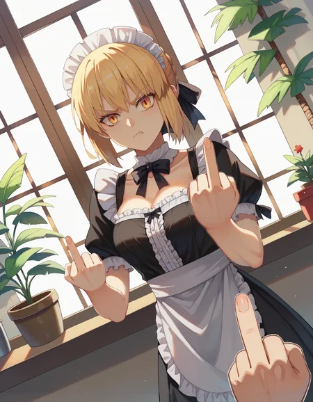 score_9, score_8_up, score_7_up,
povhldg middle finger,
1girl, clothed, saber alter, indoors, potted plant, window, sunlight, by kasumi \(skchkko\), looking at viewer, serious, dutch angle, maid uniform, braid, double middle finger, disgust,
<lora:concept_povholding-pony-v2:1>