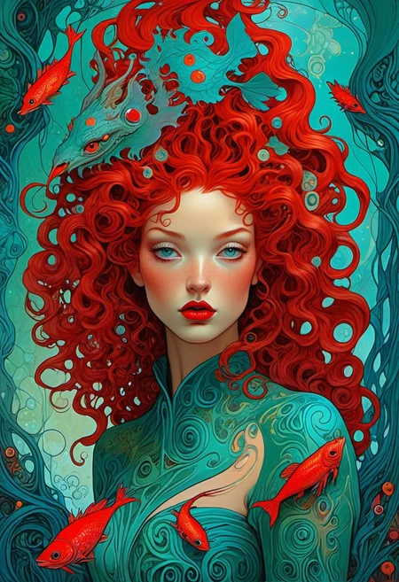 The composition includes evil female, red short dress, curly red hair with glitter, The composition includes beautiful, exotic, magical, surreal,  full view, Long teal curly hair,  planet  intricately detailed,  the surreal figure of Long teal curly hair,g0thicPXL,woodland freckled fairy, masterpiece, retro style, art by Sergio Lopez , Natalie Shau, James Jean and Salvador Dali, view, create a sense of detailed, abstract, trippy, 60s style, op art,  cell shaded, 8k. The composition includes overlapping circles, sharp-edged polygons,