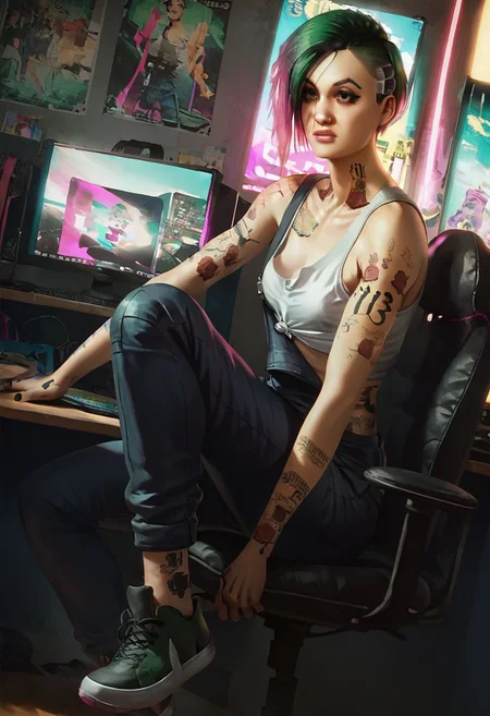 Score_9_up, score_8_up, score_7_up, 1girl, solo, judy alvarez, multicolored hair, green hair, pink hair, brown eyes, tattoo, overalls, tank top, gamer chair, legs on desk, computer, cyberpunk