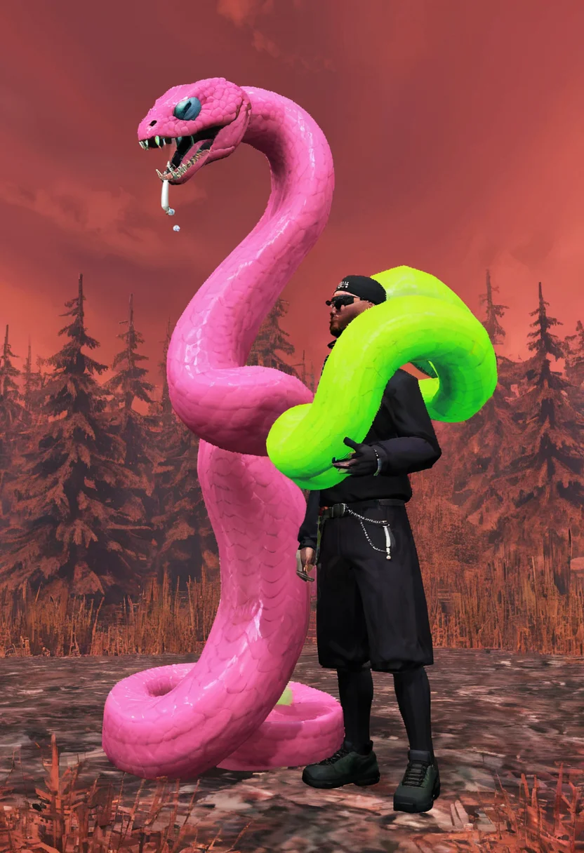 Snkmn, snakemen make natural alchemists dur to venom knowledge, neon pink and lime flasks spew a poisonous toxic cloud, black, salmon, twirl, y2k3dnerdessence <lora:y2k3dnerdessence_v0.0.1:0.75>