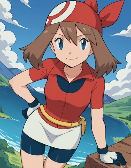 score_9, score_8_up, score_7_up, source_anime, <lora:pokemon-may-anime-ponyxl-lora-nochekaiser:1>, pokemonmay, blue eyes, brown hair, bandana, long hair, red bandana, twintails, hair between eyes,, bike shorts, collared shirt, gloves, microskirt, multicolored shirt, pencil skirt, red shirt, shirt, short sleeves, skirt, white skirt,, landscape, bent over, smile,, looking at viewer, solo, cowboy shot, dutch angle