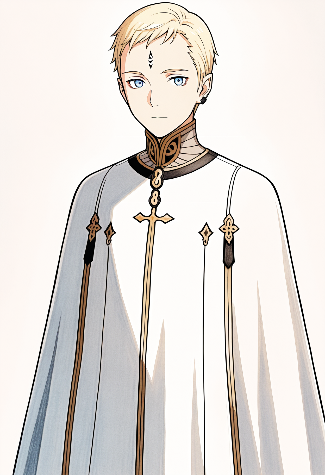 solo ,traditional art, line art,
looking at viewer,  dark fantasy, high quality eyes,
 <lora:LastExileLucciolaIL:1>, lucciola, 1boy, short hair, blonde hair, blue eyes, cape,
masterpiece,best quality,amazing quality,