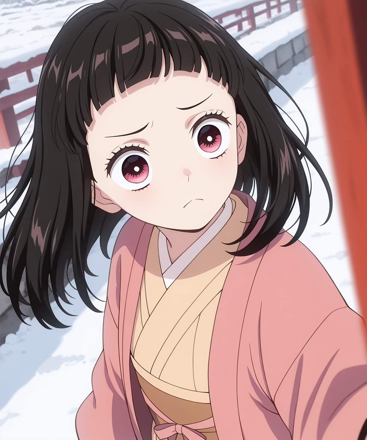 1girl,
KamadoHanakoKimetsunoYaiba, 
general, solo, perspective, dynamic angle, upper body,
eyelashes, pink kimono, yellow kimono, brown sash, pink ribbon,
frown,
snow,
depth of field, 
<lora:kp_KamadoHanakoKimetsunoYaibaIllustrious_v1_0:1.0>,
masterpiece, best quality, amazing quality