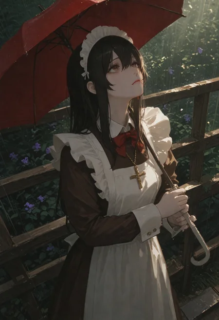 score_9, score_8_up, score_7_up,masterpiece, best quality, very aesthetic, high resolution, ultra-detailed, absurdres, newest, cinematic lighting, 1girl, (black hair:1.2), long hair, bangs, sidelocks, (dark brown eyes:1.2), (nosebleed:1.2), hair between eyes, pale skin, (brown dress with white cuffs), long sleeves, white collar, red bowtie, (golden cross necklace:1.2), white maid apron, white maid headdress, (holding red umbrella:1.2), rain, sunbeam on face, (sun rays:1.2), looking up, cowboy shot, (from above:0.9), purple flowers in the background, wooden fence, green bush