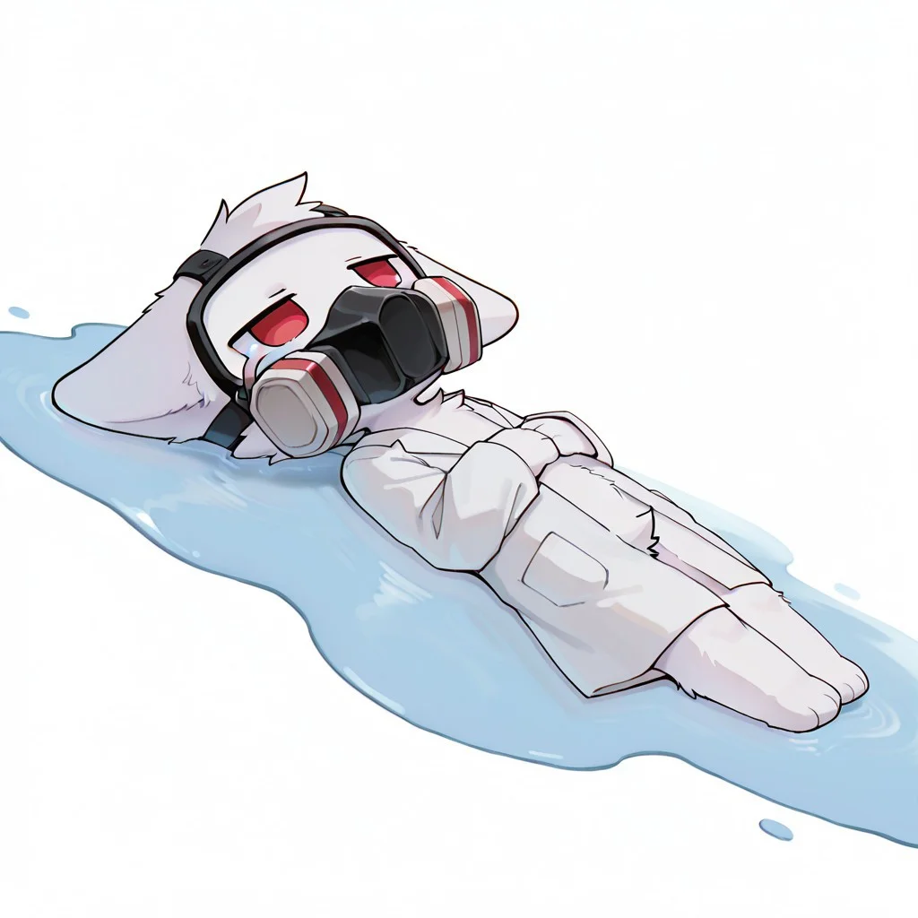 chromatic aberration, depth of field, dutch angle, detailed background, dutch angle, anthro, chibi body, young, small body, short body, furry, furry male, fur, male, dr_k_changed, solo, boys only, jitome, red eyes,lab coat, goggles, gas mask,
mikus-concept, lying down, puddle of tears, white background, blue puddle, sad, cry, no emotion,
pure white background, masterpiece, best quality, amazing quality, by syuro