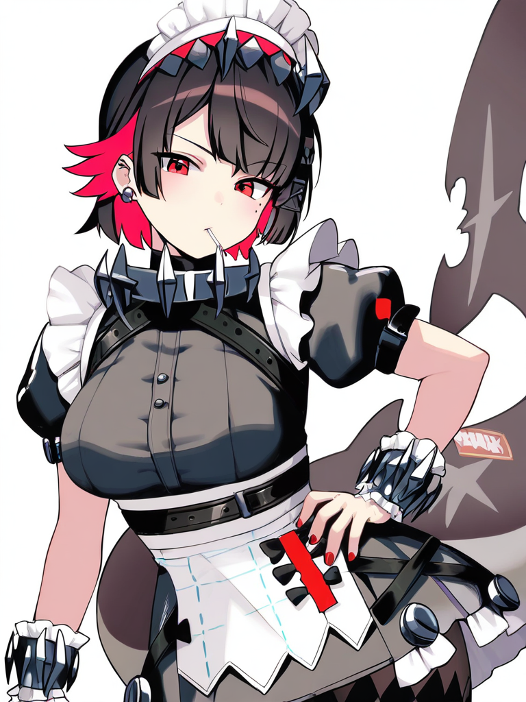1girl, belt, black dress, black hair, black pantyhose, bow, breasts, chain, colored inner hair, ellen joe, fingernails, fins, food in mouth, hair between eyes, hairclip, hand on own hip, lollipop, looking at viewer, maid apron, maid headdress, mole under eye, puffy short sleeves, red eyes, red nails, shark girl, shark tail, short hair, sidelocks, simple background, solo, two-tone hair, waist apron, white apron, white background, wrist cuffsï¼<lora:zenless_zone_zero_ill:1>ï¼masterpiece, best quality, very aesthetic, highres, absurdres,(miurahha, bacius, ririko \(fhnngririko\):0.4),