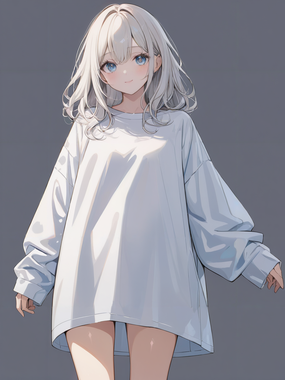 masterpiece,ultra-detailed,best quality,8K,illustration,cute face,clean skin ,shiny hair,girl,ultra-detailed-eyes,simple background, <lora:add-detail-xl:1> <lora:oversized shirt_XL_V1.0:0.7> oversized shirt,thighs