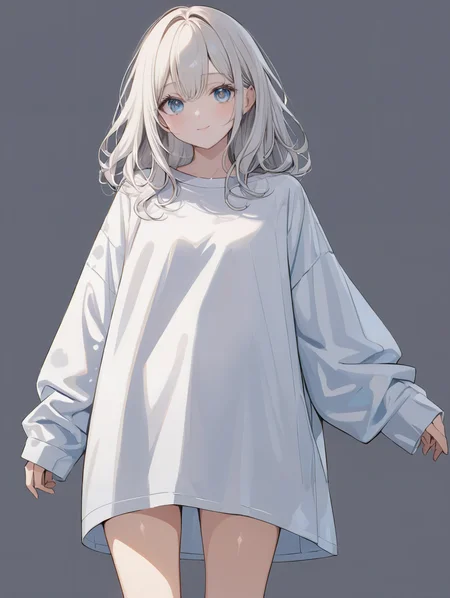 masterpiece,ultra-detailed,best quality,8K,illustration,cute face,clean skin ,shiny hair,girl,ultra-detailed-eyes,simple background, <lora:add-detail-xl:1> <lora:oversized shirt_XL_V1.0:0.7> oversized shirt,thighs