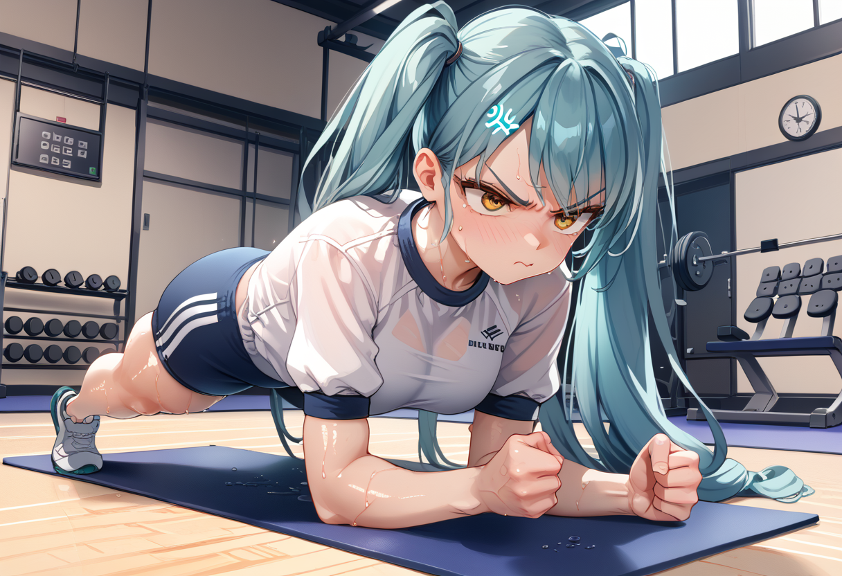 score_9, score_8_up, score_7_up,source_anime, BREAK, <lora:add-detail-xl:1> shiny skin, skindentation,
privaty, yellow eyes, aqua hair, twintails, very long hair
gym uniform, sweat, annoyed, full body, anger vein, 
planking, exercise, clenched hands, gym, 
<lora:enhancerV4-pony:1> <lora:Pony_DetailV2.0:1>   <lora:Planking_XLPD:1>  <lora:privaty-nikke-richy-v1_pdxl:1>