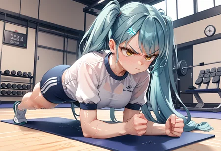 score_9, score_8_up, score_7_up,source_anime, BREAK, <lora:add-detail-xl:1> shiny skin, skindentation,
privaty, yellow eyes, aqua hair, twintails, very long hair
gym uniform, sweat, annoyed, full body, anger vein,
planking, exercise, clenched hands, gym,
<lora:enhancerV4-pony:1> <lora:Pony_DetailV2.0:1> <lora:Planking_XLPD:1> <lora:privaty-nikke-richy-v1_pdxl:1>