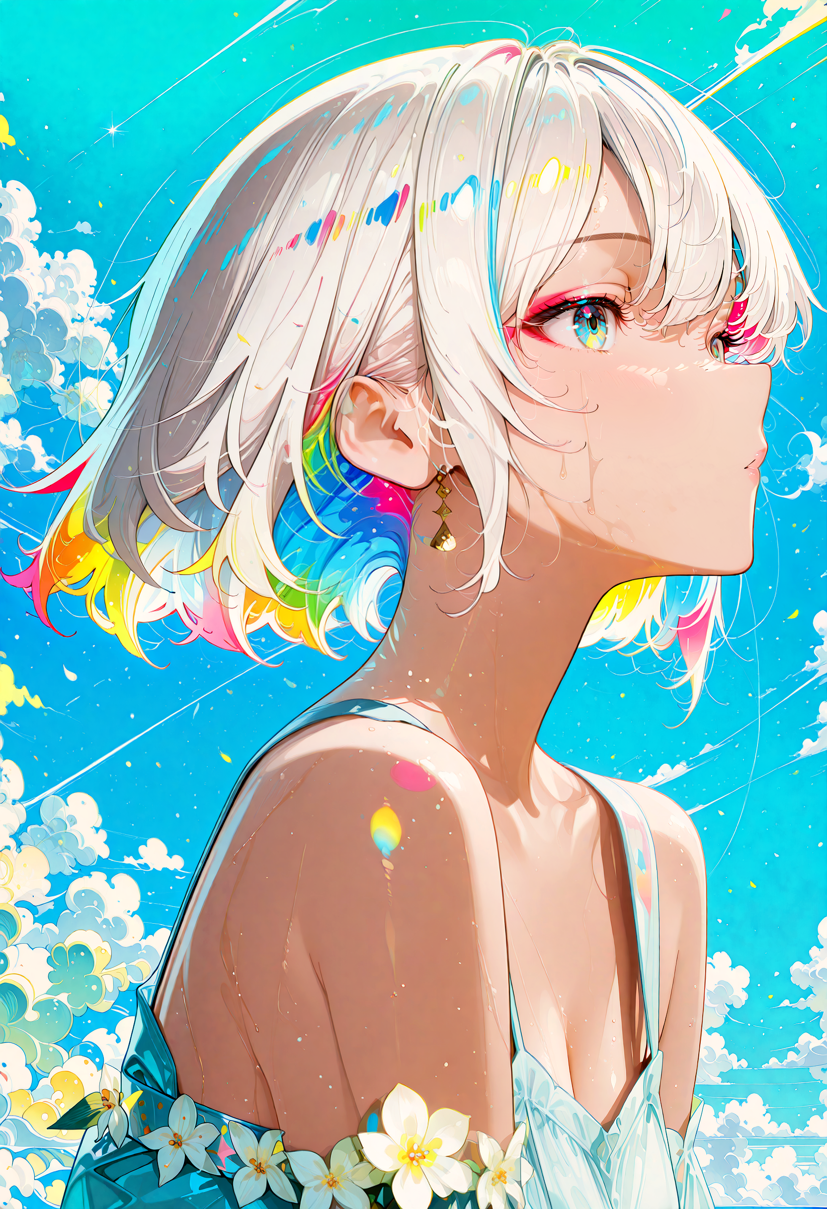 Illustration, anime style, young woman, white hair with colorful highlights (red, yellow, green, blue), hair blowing in wind, head tilted back, gazing upwards, delicate features, clean art, sharp edges, flat color, minimalistic shading, solid light blue background, bright illumination, high resolution,trending on pixiv,conept art, trending on ArtStation,
 nyonku,  detailed background, detailed foreground,detailed clothing,  detailed hair,masterpiece, best quality,detailed eyes, detailed skin,skin folds,light particles, bokeh,volumetric lighting, dramatic lighting,cinematic,dark,shadow, shallow depth of field, natural light,cinematic shading