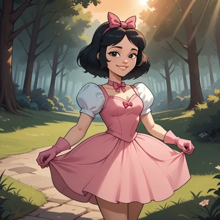 score_9, score_8, BREAK, solo, total drama, 1girl, black hair, white skin, pink hair bow, black eyes, lips, pointy nose, pink neck band, pink small dress, light pink gloves, bare legs, pink footwear, Ella_(\Total_Drama\), tdpi, cute, sexy pose, self portrait, smile, outdoors, sunlight, shadows, evening lighting, natural lighting, forest, trees, grass, orange sky, sunset
