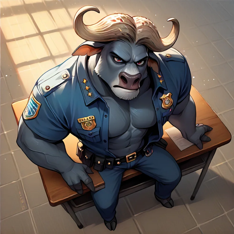 score_9, score_8_up, score_7_up, detailed background, full body <lora:Bogo:0.9> bogo, buffalo, 1boy, solo, police uniform, sitting on desk, high angle, open clothes