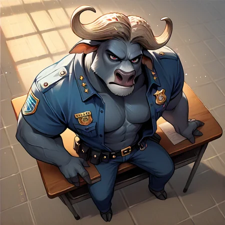 score_9, score_8_up, score_7_up, detailed background, full body <lora:Bogo:0.9> bogo, buffalo, 1boy, solo, police uniform, sitting on desk, high angle, open clothes