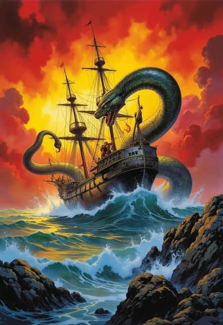 Comic book style 8k high quality digital painting , masterpiece, very detailed, ultra realistic, (best quality) very detailed epic masterpiece, a sailing ship on a stormy ocean is being attacked by a giant sea snake emerging from the water, winding around the ship, big waves, dramatic dark red yellow sky, action, scary, best quality, epic scene, Dungeons and dragons atmosphere, heroic fantasy, fna_style, Comic book style