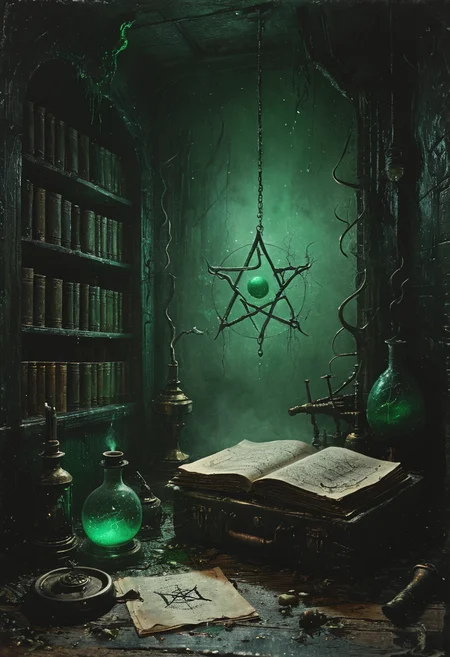 Eldritch laboratory, ancient books, arcane symbols, bubbling potions, dark wood and brass instruments, eerie green light, detailed textures, high detail, high resolution, (dark fantasy, eerie:1.3), (haunting, atmospheric:1.2), (nightmarish:1.4), masterpiece quality <lora:Desolation:0.5>, <lora:The_Horror_Style:0.5>