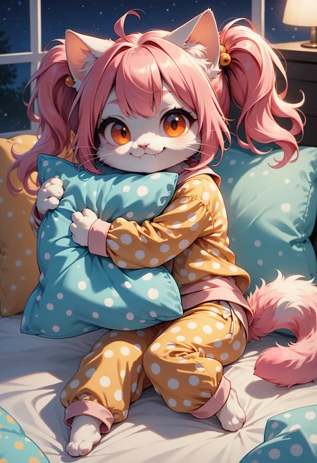 score_9, score_8_up, score_7_up, detailed face eye and fur, (solo), 1girl, shortstack, (chibi), small breasts, ((anthro, furry, cat)), (white fur:1.5), ((fluffy tail, pink tail)), ((pink hair)), (twin ponytails), orange eyes, (small fangs), (orange polka dot pajama top, pajama pants), smiling, lying on colored pillow, (blanket), (hugging pillow), on bed, (night), vibrant, <lora:chibstyleXLv11:1> <lora:MegaFluffyPony:0.4> <lora:SDXLFaeTastic2400:0.75>