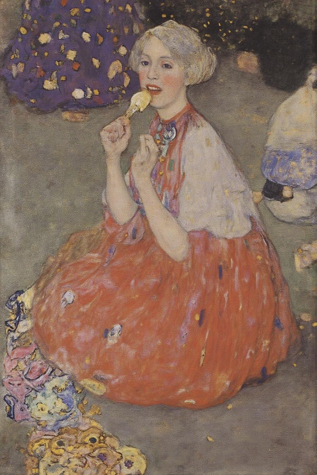 kl1mt painting. A woman, sitting on the ground eating ice cream.  <lora:kl1mt_cap_d6a3e12:1.0><lora:823307233350725612:0>
