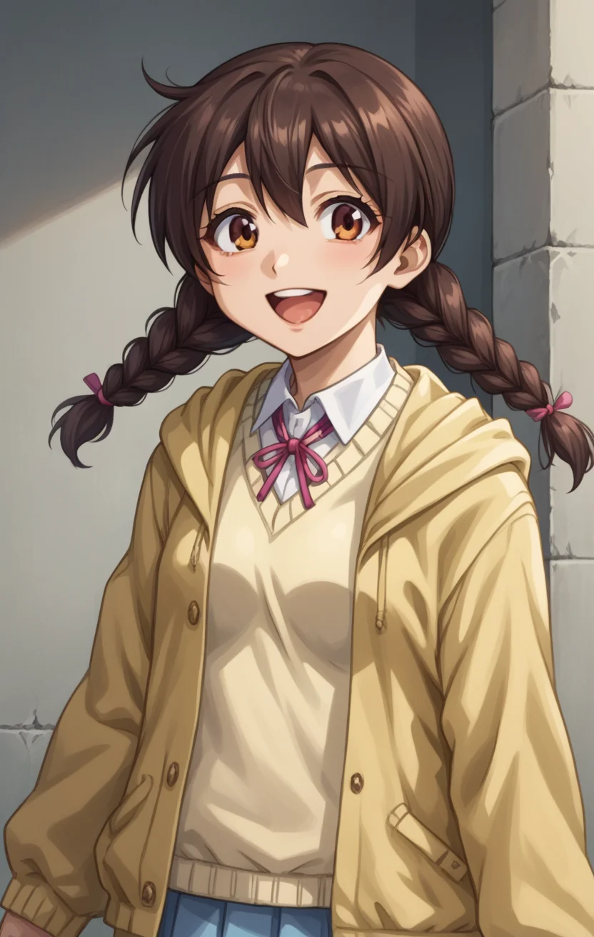 score_9, score_8_up, score_7_up, BREAK best quapoty, highres, absurdres, source_anime,GDNanao, twin braids, school uniform, sweater, jacket, hood, upper body, standing, smile, open mouth, <lora:PDXL_GDNanao:1>