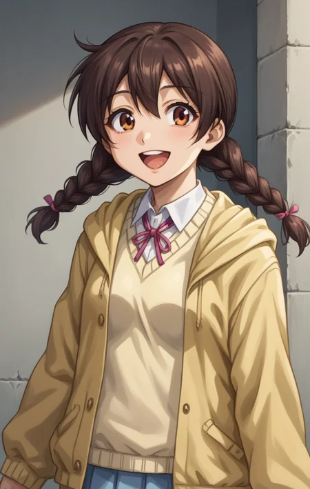 score_9, score_8_up, score_7_up, BREAK best quapoty, highres, absurdres, source_anime,GDNanao, twin braids, school uniform, sweater, jacket, hood, upper body, standing, smile, open mouth, <lora:PDXL_GDNanao:1>