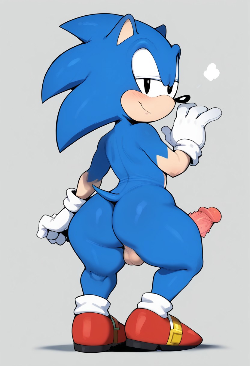 score_9, score_8_up, score_7_up, score_6_up, score_5_up, score_4_up, best quality, masterpiece, by hanuvo and whisperfoot, usnarbit, lms style, BREAK (male+++, male only+++, male focus+++, ClassicSonic, 1boy, anthropomorphic hedgehog, blue fur, peach skin, two tone fur, small triangular ears, six long quills on the back of head, two spines protruding from back, short tail, red shoes and white gloves, short body, black eyes, flat chest+++, bottomheavy, chunky thighs, wide hips) penis, balls