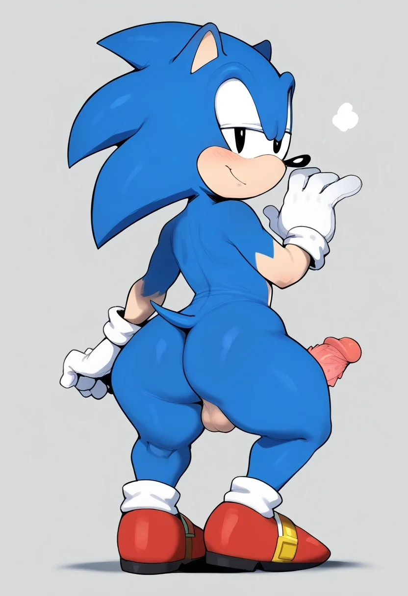 score_9, score_8_up, score_7_up, score_6_up, score_5_up, score_4_up, best quality, masterpiece, by hanuvo and whisperfoot, usnarbit, lms style, BREAK (male+++, male only+++, male focus+++, ClassicSonic, 1boy, anthropomorphic hedgehog, blue fur, peach skin, two tone fur, small triangular ears, six long quills on the back of head, two spines protruding from back, short tail, red shoes and white gloves, short body, black eyes, flat chest+++, bottomheavy, chunky thighs, wide hips) penis, balls